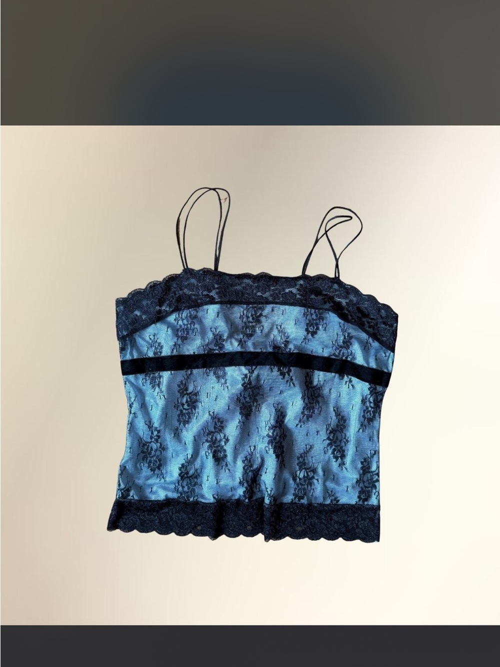 Blue Satin Lace-Trim Cami Top